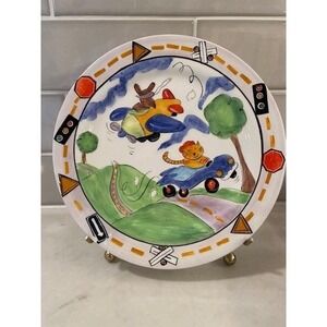 Mesa International Hand Painted Ceramic Plate Cat in Car Dog in Plane Whimsical